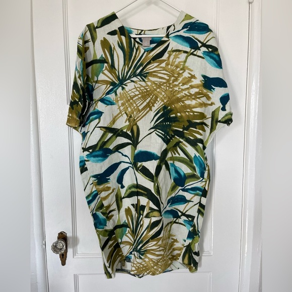 Chico's 0 Linen Palm-Print Tunic Wedge Dress Dolman Sleeves Knee Length - Picture 3 of 6